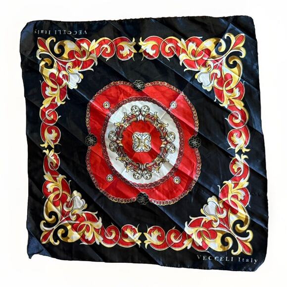 Vecceli Italy Satin Scarf 21.25” x 22” Baroque Red Black Gold Square Elegant - Picture 2 of 3